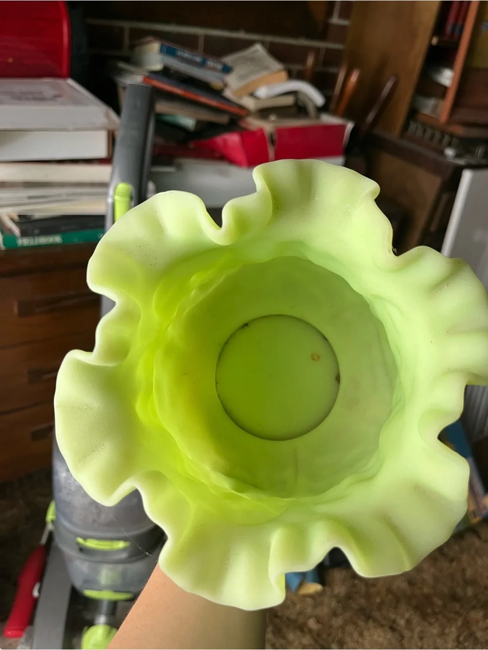 Vintage Fenton Green Ruffle Poppy Flower Frosted Uranium Glass Vase or Planter